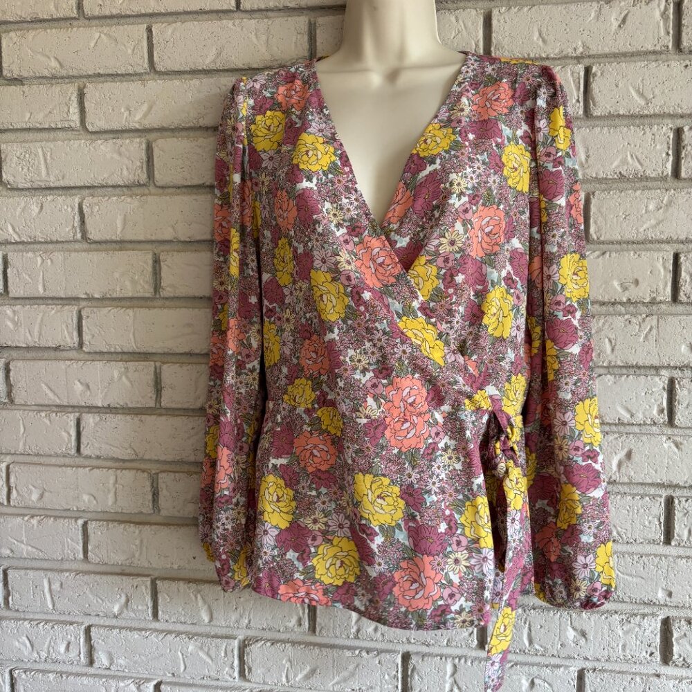 Anthropologie Pleione Pink Floral Faux Wrap With Bow Boho Blouse Medium
